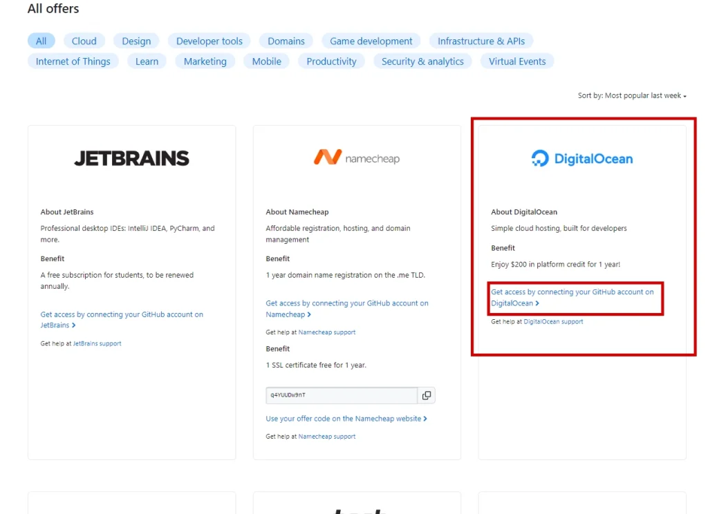 Digital ocean on Github Student developer pack 