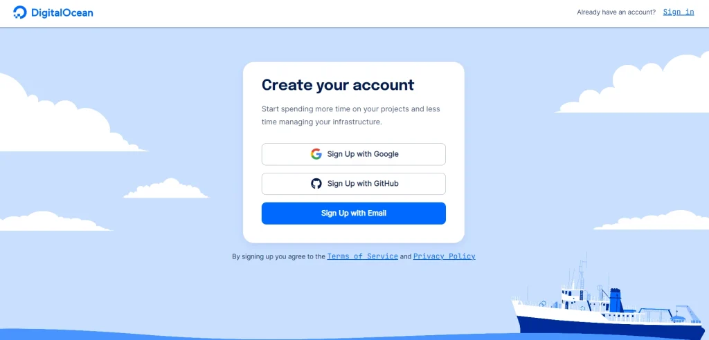 Digital Ocean Signup page