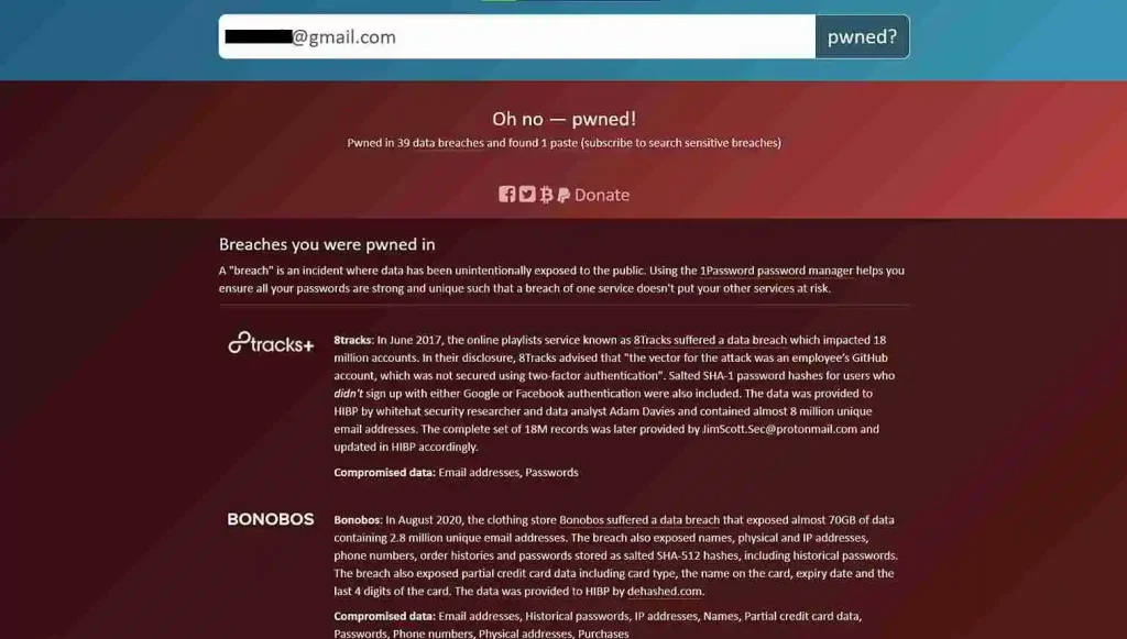 Checking email on HIBP to check for data breaches